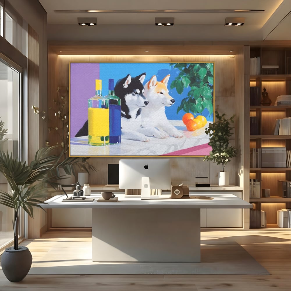 Tablou canvas cu pictura cu doi catei si sticle, in rama de aluminiu auriu, pe perete intr-un birou